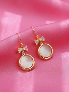 Bow and Opalescent Inlay Drop Earrings - 925‎ Silver Needle